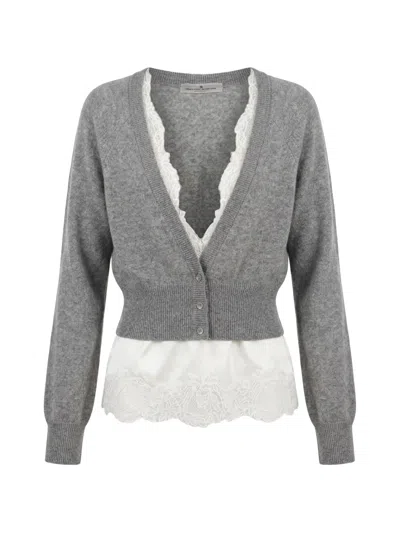 Ermanno Scervino Cashmere Cardigan Cropped Lace Trim V Neck In Gray