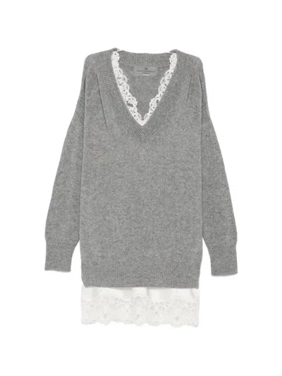 Ermanno Scervino Cashmere V Neck Lace Knit Dress In Gray