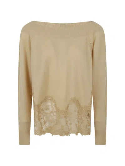 Ermanno Scervino Lace-trim Off-shoulder Sweater In Brown