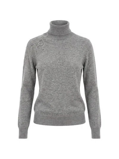 Ermanno Scervino Lace-trim Roll-neck Sweater In Gray