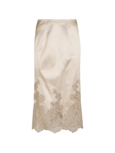 Ermanno Scervino Beige Silk Satin Midi Skirt With Lace Inserts In Neutral