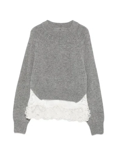 Ermanno Scervino Lace-trimmed Cropped Sweater In Gray