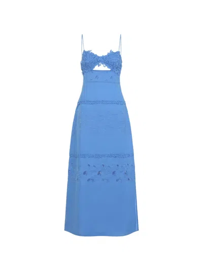 Ermanno Scervino Sleeveless Linen Midi Dress With Floral Lace Embroidery In Blue