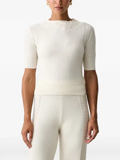 Ermanno Scervino Lace-trimmed Pointelle-knit T-shirt In Neutral