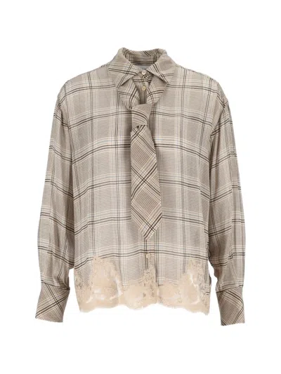 Ermanno Scervino Lace-trimmed Prince Of Wales Check Shirt In Neutral
