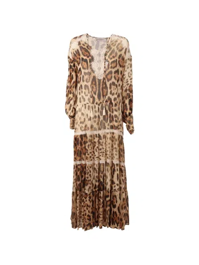 Ermanno Scervino Leopard-print Lace-trimmed Maxi Dress In Brown