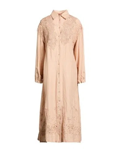 Ermanno Scervino Life Woman Midi Dress Beige Size 10 Linen, Cotton, Polyester In Brown