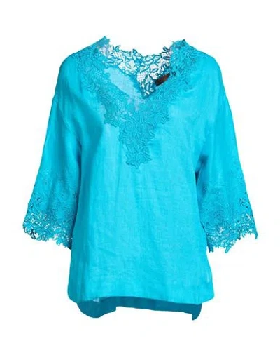 Ermanno Scervino Life Woman Top Turquoise Size 8 Linen In Blue