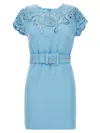 Ermanno Scervino Lace Dress With Belted Waist And Cap Sleeves In Light Blue