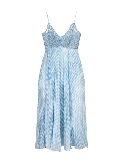 Ermanno Scervino Light Blue Rebrodé Lace And Gingham Georgette Midi Dress
