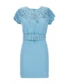 Ermanno Scervino Lace Dress With Belted Waist And Cap Sleeves In Blue