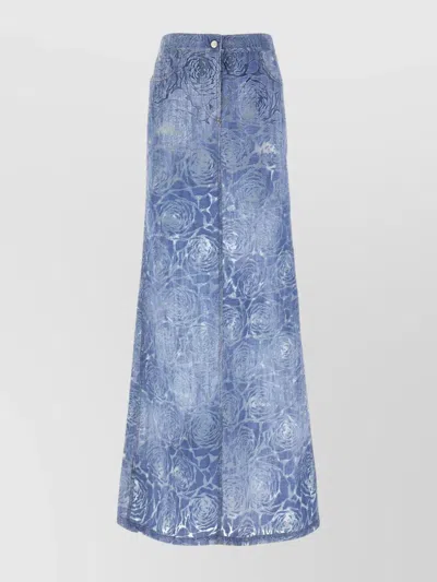 Ermanno Scervino Long Denim Skirt With Floral Pattern And Back Pocket In Blue
