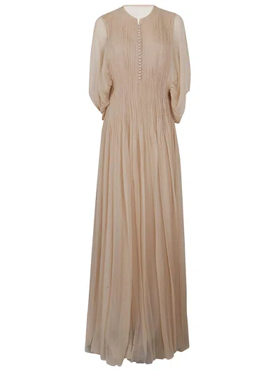 Ermanno Scervino Long Pleated Maxi Dress With Sheer Sleeves In Neutral