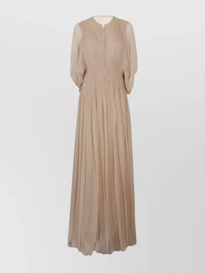 Ermanno Scervino Long Pleated Maxi Dress With Sheer Sleeves In Neutral