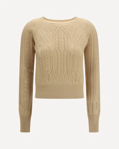 Ermanno Scervino Long Sleeve Cable Knit And Openwork Cashmere Sweater In Neutral