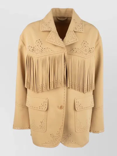 Ermanno Scervino Long Sleeve Coat Perforated Fringe Pockets In Neutral