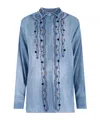 Ermanno Scervino Embroidered Lace-up Sheer Long Sleeve Top In Blue