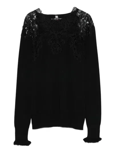 Ermanno Scervino Long Sleeve Sweater With Lace Overlay In Black