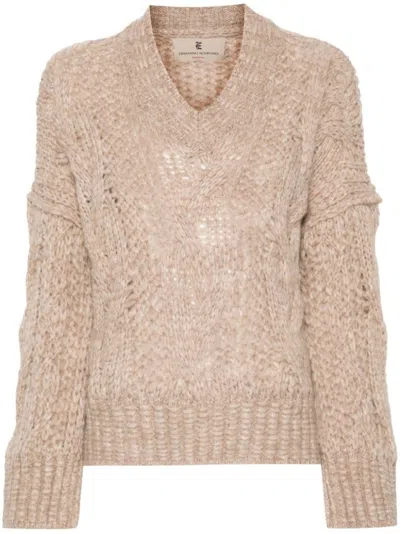 Ermanno Scervino Long-sleeve Sweater With Textured Knit In Brown