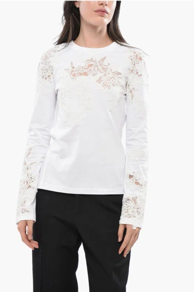 Ermanno Scervino Long-sleeved Cotton T-shirt With Lace Patches Grösse 40 In White
