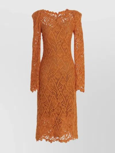 Ermanno Scervino Sheer Geometric Lace Dress With Long Sleeves In Orange