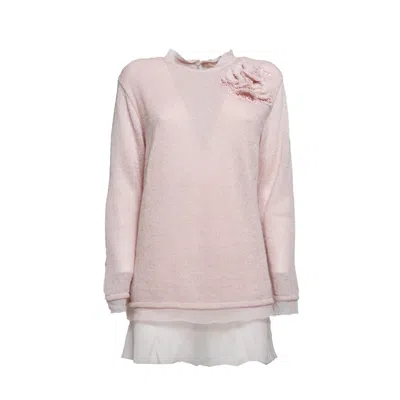 Ermanno Scervino Long Sweater In Pink Mohair With Pink Applique