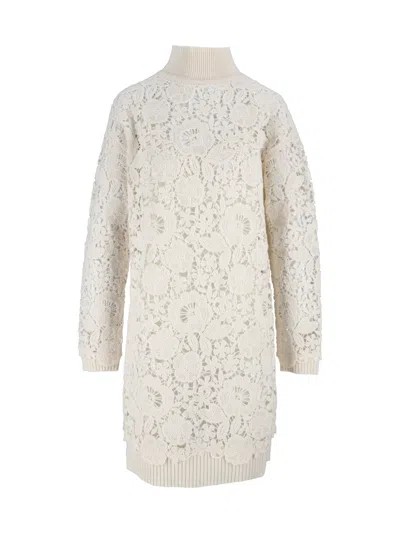 Ermanno Scervino Long-sleeve Floral Lace Overlay Midi Dress In Neutral