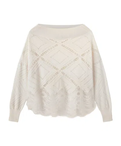 Ermanno Scervino Long-sleeve Sweater In Cotton, Silk And Lace In White