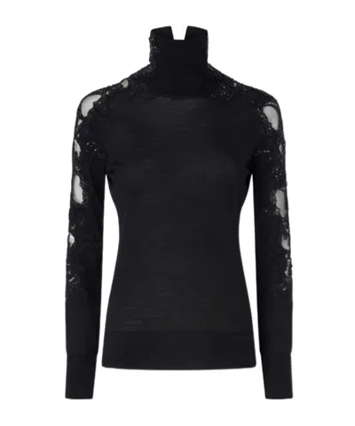Ermanno Scervino Long-sleeved Virgin Wool Turtleneck Sweater With Lace And Crystals In Black