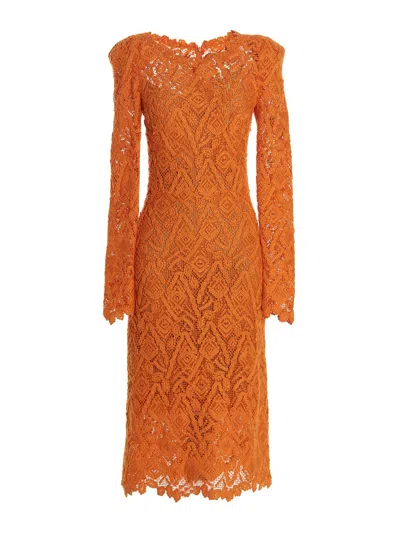Ermanno Scervino Sheer Geometric Lace Dress With Long Sleeves In Orange