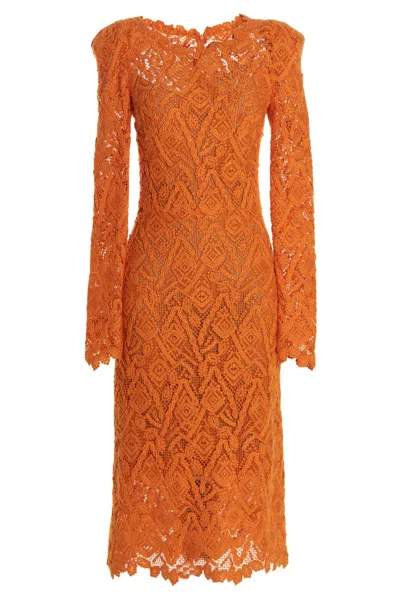 Ermanno Scervino Sheer Geometric Lace Dress With Long Sleeves In Orange