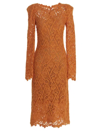 Ermanno Scervino Sheer Geometric Lace Dress With Long Sleeves In Orange