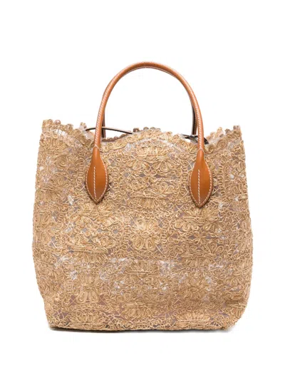 Ermanno Scervino Margot Lace-embroidered Leather-trim Tote Bag In Neutral