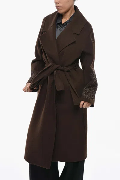Ermanno Scervino Maxi Coat With Raised Botanical Embroidery In Brown