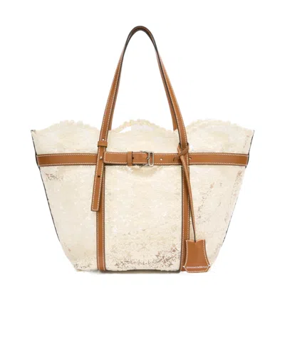 Ermanno Scervino Medium White Shopping Bag In Raffia Lace Maiolica
