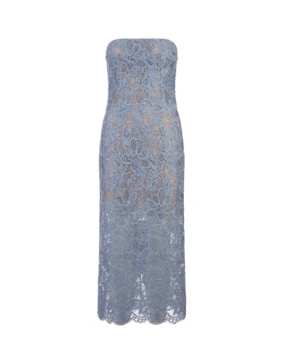 Ermanno Scervino Midi Dress In Light Blue Lace With Crystals