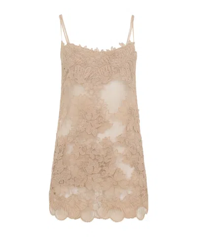 Ermanno Scervino Lace Overlay Mini Dress With Spaghetti Straps In Brown