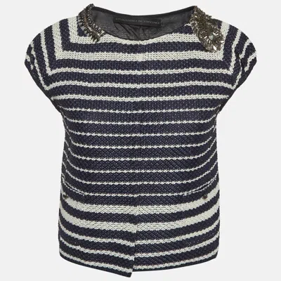 Pre-owned Ermanno Scervino Navy Blue/white Striped Crochet Blouse M