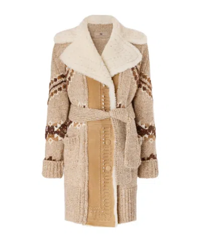 Ermanno Scervino Nordic Jacquard Cardigan Coat With Shearling Trims In Brown