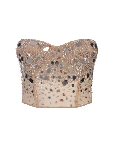 Ermanno Scervino Nude Tulle Bustier Top With Degradé Crystal Applications In Pink