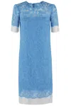 Ermanno Scervino Intricate All-over Lace Midi Dress With Short Sleeves In Blue