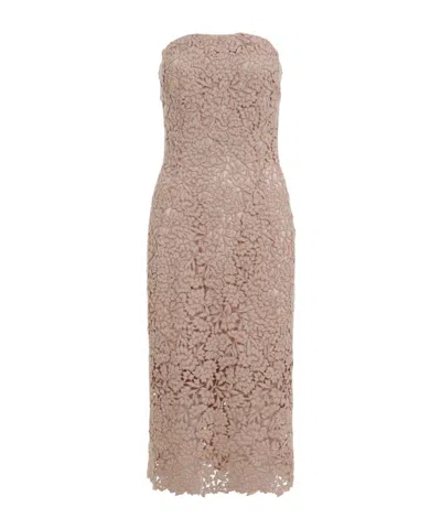 Ermanno Scervino Strapless Midi Dress With Floral Embroidery In Brown