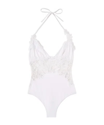 Ermanno Scervino One-piece Swimsuit With V-neck And Macramé Lace Inserts In White