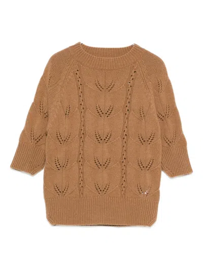Ermanno Scervino Open-knit Short-sleeve Sweater In Brown