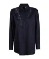 Ermanno Scervino Long Sleeve Collared Lace Detail Top In Blue