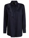 Ermanno Scervino Long Sleeve Collared Lace Detail Top In Blue
