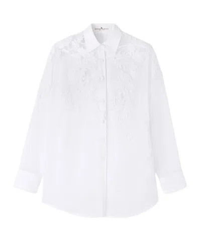 Ermanno Scervino Oversized Cotton Muslin Shirt With Handmade Ribbon Floral Embroidery In White
