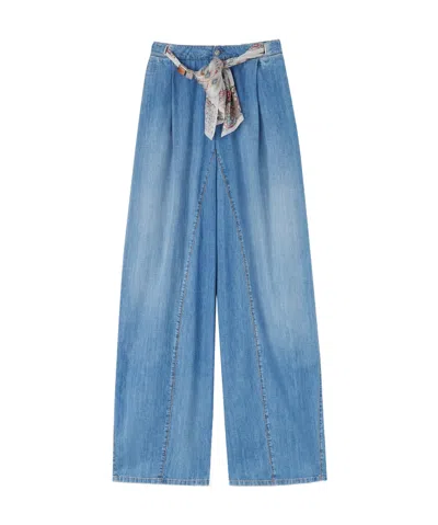 Ermanno Scervino Palazzo Jeans With Contrasting Stitching And Sash In Light Blue