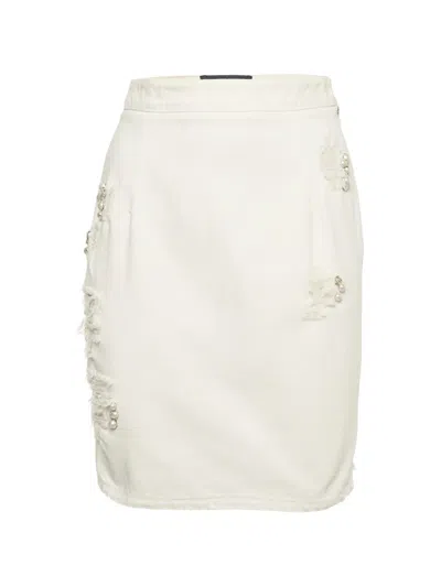 Pre-owned Ermanno Scervino Pearl-embellished Distressed Mini Skirt In White