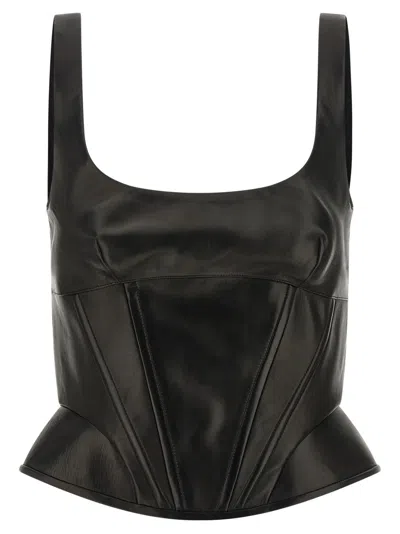 Ermanno Scervino Square Neckline Leather Top With Panel Detailing In Black